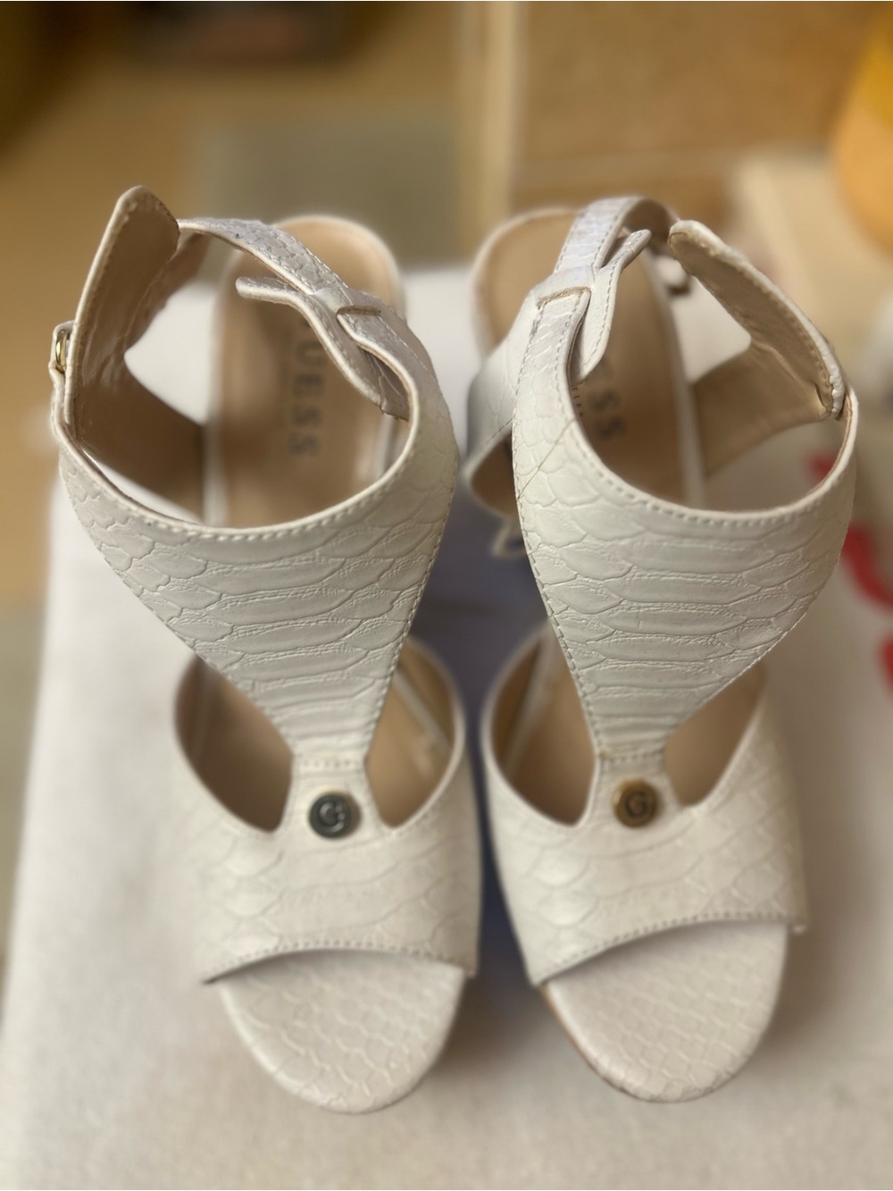 Guess White Textured T-Strap Heels with Ankle Buckle